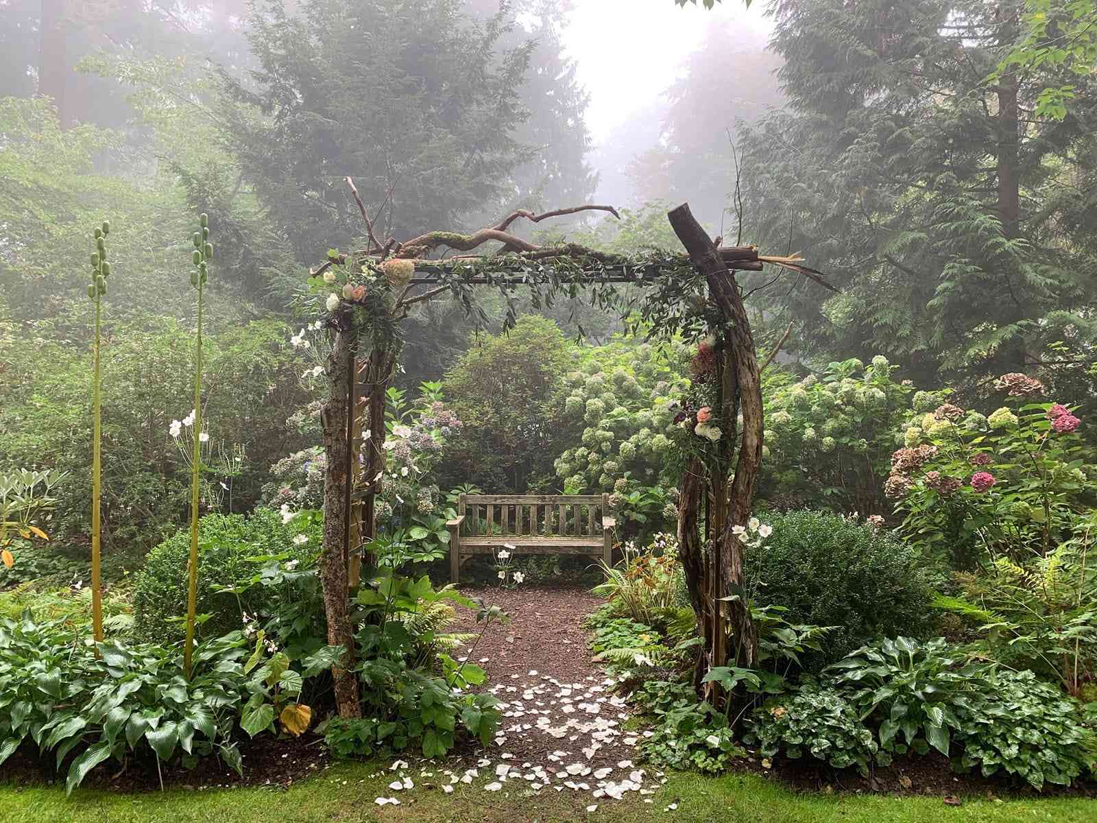 Park bench at Dunn Gardens in Seattle, Washington